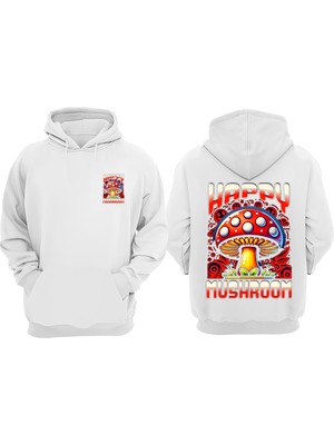 The Wert Happy Mushroom Tasarım Ön Arka Baskılı Normal Kalıp Beyaz Sweatshirt