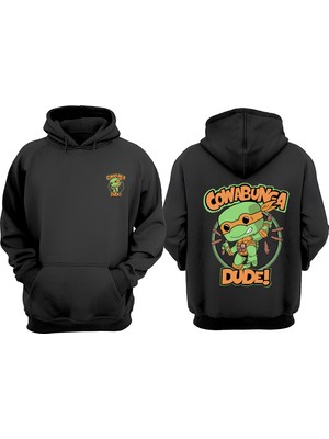 The Wert Cowabunge Dude Ninja Kaplumba Tasarım Ön Arka Baskılı Normal Kalıp Siyah Sweatshirt