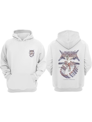 The Wert Kaykaylı Kurt Tasarım Ön Arka Baskılı Normal Kalıp Beyaz Sweatshirt