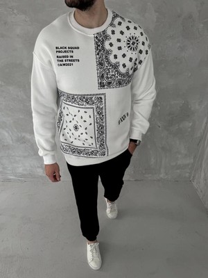 Janes Üç Iplik Desenli Bisiklet Yaka Oversize Sweatshirt - Beyaz