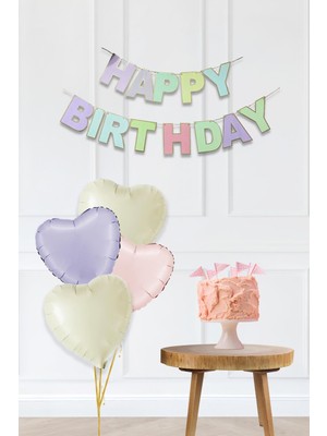 Pekshop Makaron Renkler Happy Birthday Bannerlı Kalp Balonlu Doğum Günü Süsleme Seti