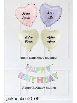 Pekshop Makaron Renkler Happy Birthday Bannerlı Kalp Balonlu Doğum Günü Süsleme Seti