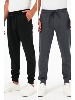 Mmetalic Kalın Siyah-Antrasit Erkek 2'li Eşofman Altı Jogger Arka Cepli Paça Lastikli Regular Fit Şardonsuz