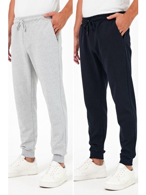 Mmetalic Kalın Siyah-Antrasit Erkek 2'li Eşofman Altı Jogger Arka Cepli Paça Lastikli Regular Fit Şardonsuz