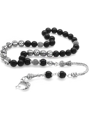 Tesbihane Kararmaz Metal Püsküllü Küre Kesim Isim Yazılı Oniks Doğaltaş Tesbih