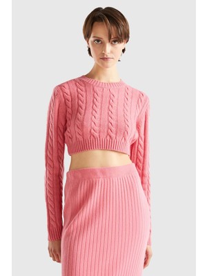 Bn_yün Karışımlı Saç Örgülü Crop Kazak