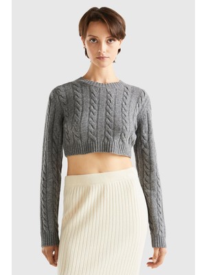 Bn_yün Karışımlı Saç Örgülü Crop Kazak