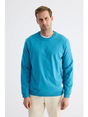 Erkek Basic Bisiklet Yaka Rahat Kalıp Düz Sweatshirt Turkuaz