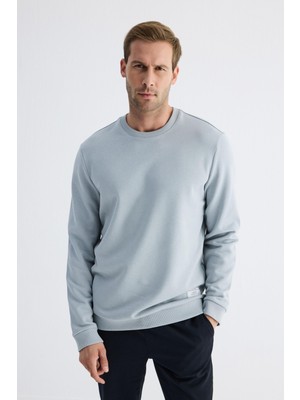 Erkek Basic Bisiklet Yaka Rahat Kalıp Düz Sweatshirt Mavi