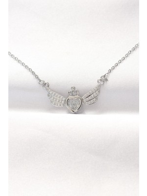 Fashok 316L Çelik Silver Renk Zirkon Taşlı Kalpli Kanat Kolye