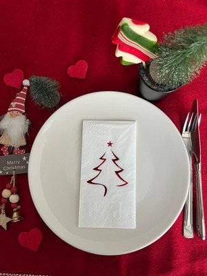 Kırmızı Yaldızlı Yılbaşı Çam Ağacı Desenli 16 Lı Beyaz Renkli Kağıt Peçete