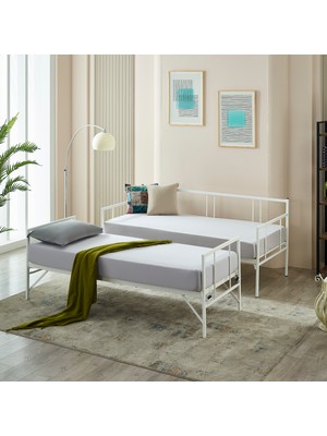 Mitrass Veluna Yavrulu Karyola Daybed Tek-Çift Kişilik Metal Karyola Beyaz