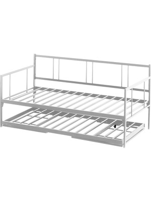 Mitrass Veluna Yavrulu Karyola Daybed Tek-Çift Kişilik Metal Karyola Beyaz