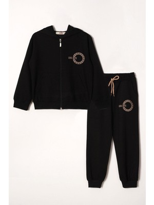 Zepkids Yazı Baskılı Kapüşonlu  Siyah Renk  Fermuarlı Erkek Çocuk Eşofman Takım