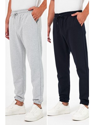 Kalın Siyah-Antrasit Erkek 2'li Eşofman Altı Jogger Arka Cepli Lastik Paça Regular Fit Şardonsuz