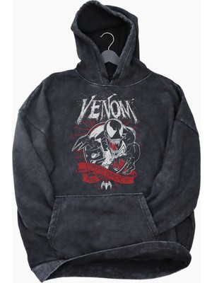 Fuddy Moda Unisex Venom Eddie Brock Baskılı Kapüşonlu Yıkamalı Sweatshirt, Oversize Marvel Karakter Hoodie