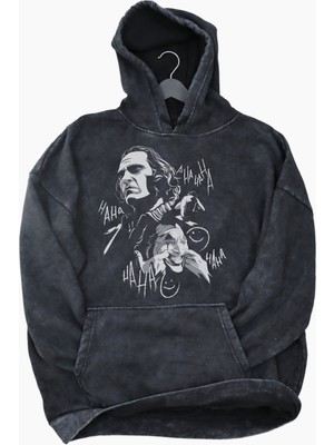Fuddy Moda Unisex Joker Hahaha Baskılı Kapüşonlu Yıkamalı Sweatshirt, Oversize Dc Karakter Eskitme Hoodie