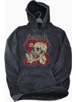 Fuddy Moda Unisex Metallica Baskılı Kapüşonlu Yıkamalı Sweatshirt, Oversize Rock Band Baskılı Retro Hoodie