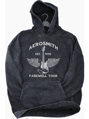 Fuddy Moda Unisex Aerosmith Baskılı Kapüşonlu Yıkamalı Sweatshirt, Oversize Rock Metal Baskılı Eskitme Hoodie