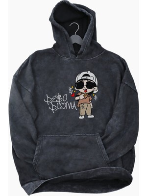 Fuddy Moda Unisex Peso Pluma Baskılı Kapüşonlu Yıkamalı Sweatshirt, Oversize Baskılı Vintage Hoodie