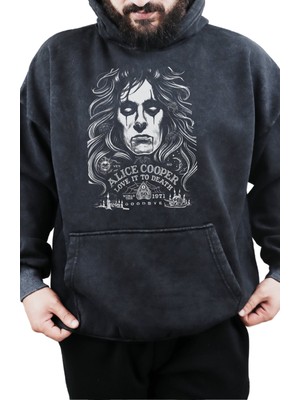 Fuddy Moda Unisex Efsace Rocker Alice Cooper Baskılı Kapüşonlu Yıkamalı Sweatshirt, Oversize Baskılı Hoodie