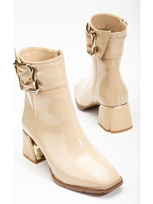 Dilimler Ayakkabı Kadın Topuklu Bot Bej Klasik Rugan Tokalı Vardola Taban