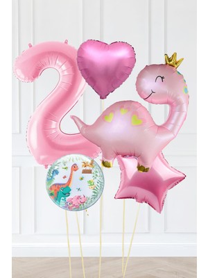 Pekshop Pembe Dinazor Balonlu Kız Doğum Günü Balon Süsleme Seti Bannerlı Büyük Pembe Yaş Balonlu Dinozor Balon Paketi