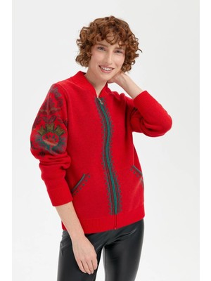 Desen Triko Kadın Hakim Yaka Arkası ve Kolu Çiçek Desenli Yün Ceket 24049 Mercan