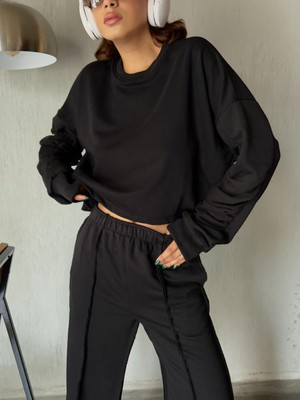 Minaaise Kadın Siyah Kolları Büzgülü Pis Dikişli Şardonsuz Sweatshirt 28062