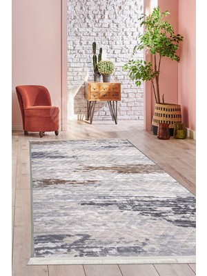 Diji Dekor Halı GRI14  Karo Yıkanabilir Saçaklı Kesme Ince Yolluk Kilim Salon Halısı Modelleri