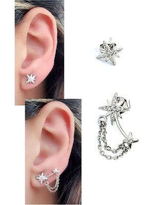 Ose Shop Pırlanta Parlaklığında Zirkon Taşlı 925AYAR Gümüş Rose Tasarım Asimetrik Küpe