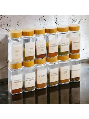 12'li Baharat Kavanozu Bambu Kapaklı Kavanoz Serpme Başlıklı Çeyizlik Baharatlık Türkçe Etiketli