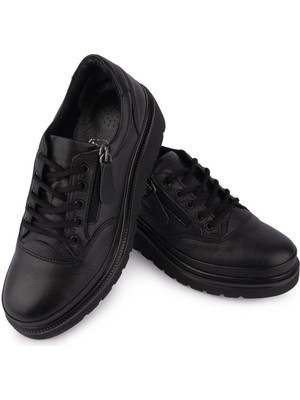 Emel Ayakkabı Yumuşak Ortopedik Hafif Taban Fermuarlı Spor Ayakkabı Siyah Kışlık 3546