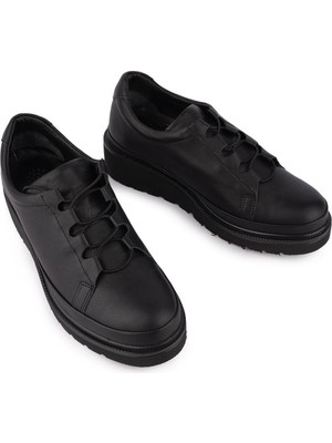 Emel Ayakkabı Deri Yumuşak Rahat Ortopedik Lastik Bağlı Ayakkabı Siyah Kışlık 3507