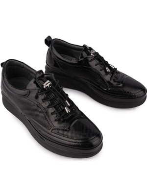 Emel Ayakkabı Deri Akıllı Bağcıklı Ortopedi Spor Ayakkabı 121 Siyah Rugan