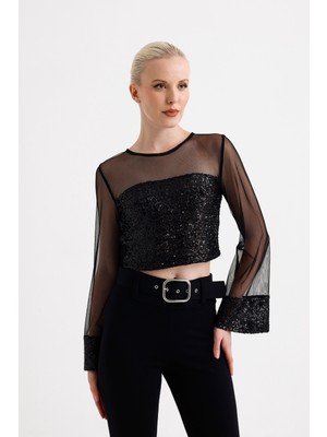 Sense Kol Ucu ve Ön-Arka Alt Payet Kol ve Ön-Arka Üst Tül Uzun Kol  Abiye Bluz | BLZ35741 Siyah