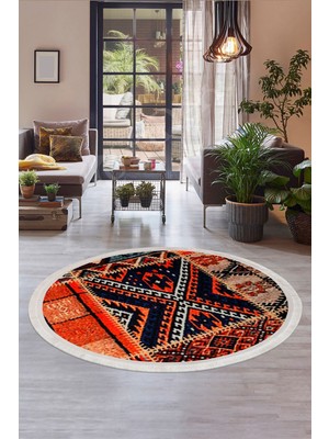 Diji Dekor Halı Turuncu  K1300 Saçaklı Yuvarlak Kesme Ince Yolluk Kilim Salon Halısı Modelleri