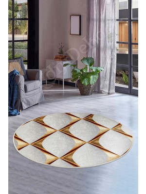 Diji Dekor Halı Gold  KY7059 Yıkanabilir Yuvarlak Kesme Ince Yolluk Kilim Salon Halısı Modelleri