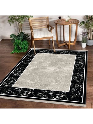 Diji Dekor Halı Siyah  K0560 Yıkanabilir Saçaklı Kesme Ince Yolluk Kilim Salon Halısı Modelleri