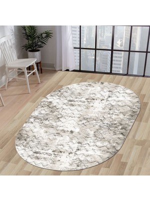 Diji Dekor Halı Bej  K1280 Yıkanabilir Saçaksız Oval Kesme Ince Yolluk Kilim Salon Halısı Modeli