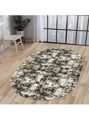 Diji Dekor Halı Siyah  K1310 Yıkanabilir Oval Kesme Ince Yolluk Kilim Salon Halısı Modelleri