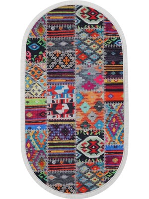 Diji Dekor Halı Çok Renkli 9010 Yıkanabilir Saçaklı Oval Kesme Ince Yolluk Kilim Salon Halısı Modeli