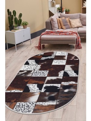 Diji Dekor Halı Kahverengi DR01 Yıkanabilir Oval Kesme Ince Yolluk Kilim Salon Halısı Modelleri