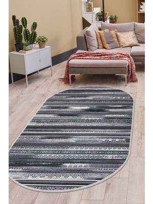 Diji Dekor Halı Gri  Köln Yıkanabilir Saçaksız Oval Kesme Ince Yolluk Kilim Salon Halısı Modeli