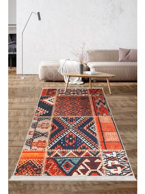 Diji Dekor Halı Turuncu  K1300 Yıkanabilir Saçaklı Kesme Ince Yolluk Kilim Salon Halısı Modeli