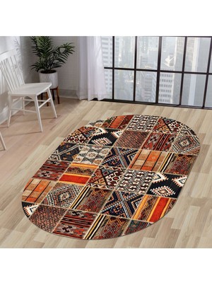 Diji Dekor Halı Turuncu  K1300 Yıkanabilir Oval Kesme Ince Yolluk Kilim Salon Halısı Modelleri