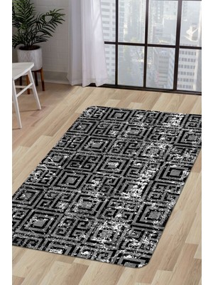 Diji Dekor Halı Siyah  K1320 Yıkanabilir Saçaksız Kesme Ince Yolluk Kilim Salon Halısı Modelleri