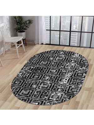 Diji Dekor Halı Siyah  K1320 Yıkanabilir Oval Kesme Ince Yolluk Kilim Salon Halısı Modelleri