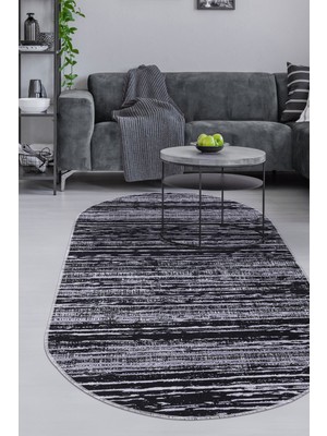 Diji Dekor Halı Siyah Gri  YM4700 Yıkanabilir Oval Kesme Ince Yolluk Kilim Salon Halısı Modeli