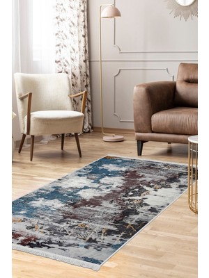 Diji Dekor Halı Mavi  Modern Yıkanabilir Saçaklı Kesme Ince Yolluk Kilim